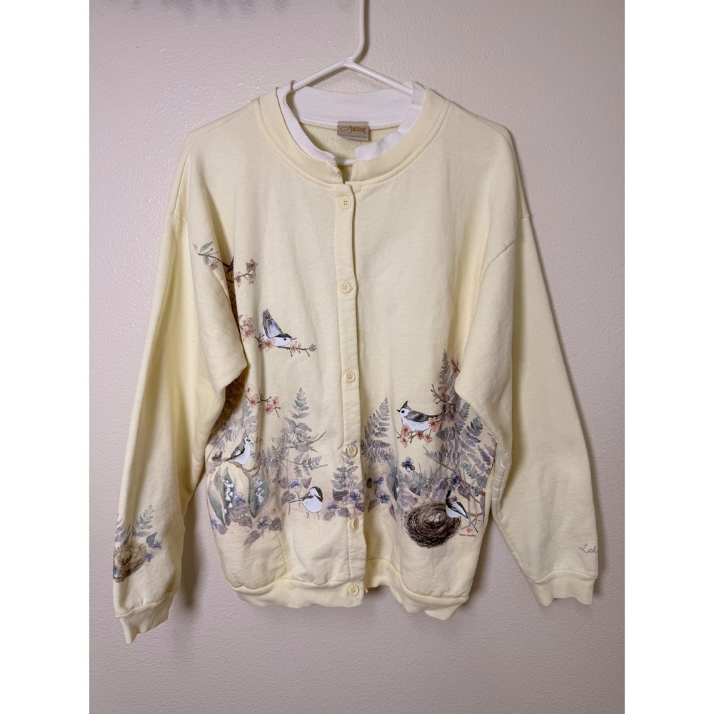 VTG Artisans Lake Tahoe Bird Graphic Button Up Grandma Cardigan Yellow Sz Large